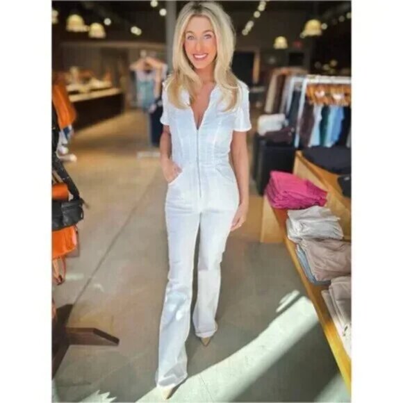 FREE PEOPLE Jayde Denim Flared Jumpsuit in Pure White Size X-Large - Picture 1 of 9